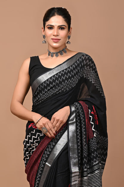 Block Printed Cotton linen Saree With Unstiched Blouse