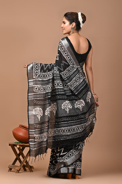 Block Printed Cotton linen Saree With Unstiched Blouse