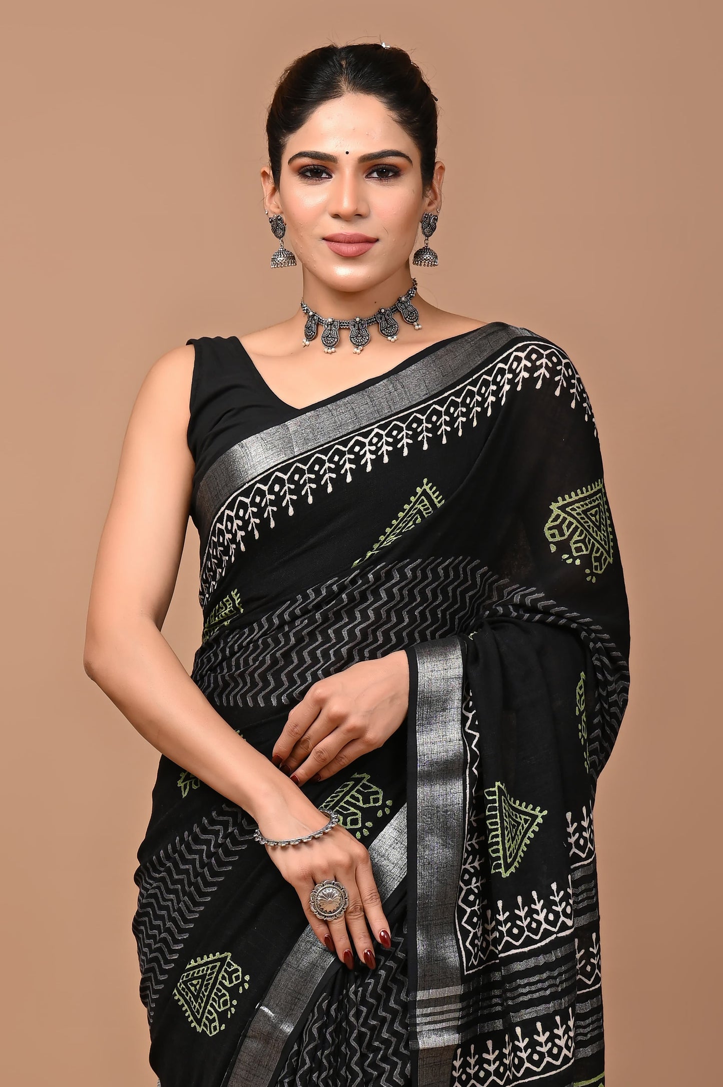 Block Printed Cotton linen Saree With Unstiched Blouse