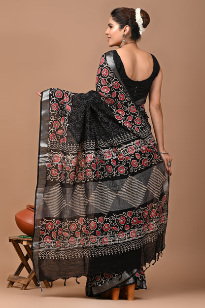 Block Printed Cotton linen Saree With Unstiched Blouse