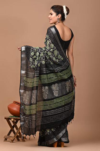 Block Printed Cotton linen Saree With Unstiched Blouse