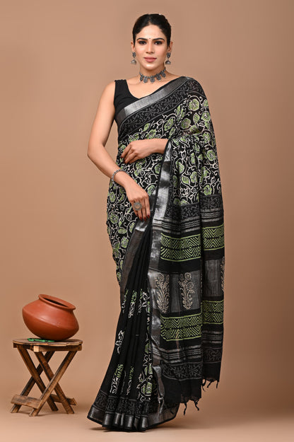 Block Printed Cotton linen Saree With Unstiched Blouse