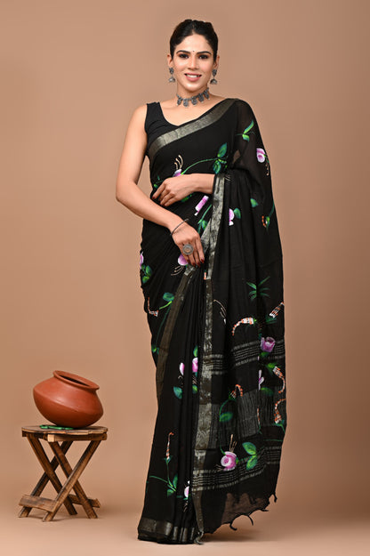 Block Printed Cotton linen Saree With Unstiched Blouse