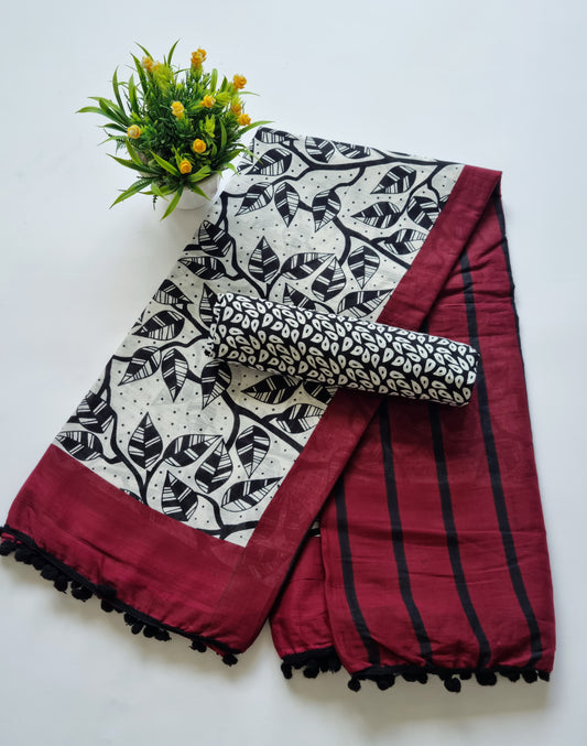 Printed Pure Cotton Mulmul Saree With PomPom Lace