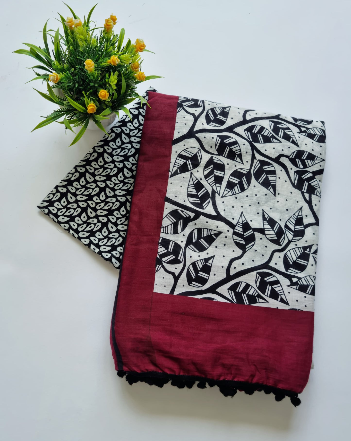 Printed Pure Cotton Mulmul Saree With PomPom Lace