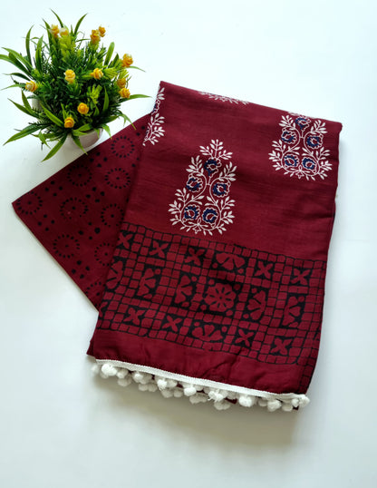 Printed Pure Cotton Mulmul Saree With PomPom Lace