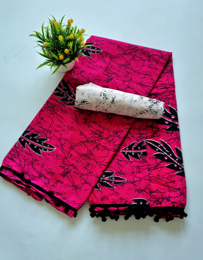 Printed Pure Cotton Mulmul Saree With PomPom Lace