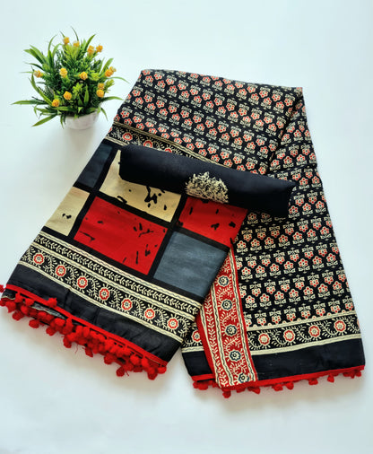 Printed Pure Cotton Mulmul Saree With PomPom Lace