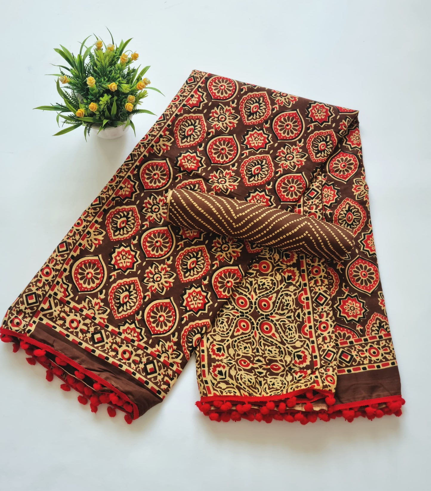 Printed Pure Cotton Mulmul Saree With PomPom Lace