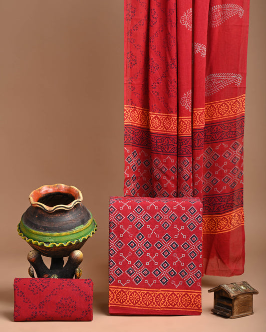 Block Printed Pure Cotton Suits With Cotton Mulmul Dupatta