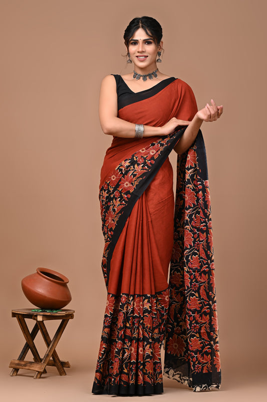 Jaipuri Printed Pure Cotton Mulmul Saree With Blouse