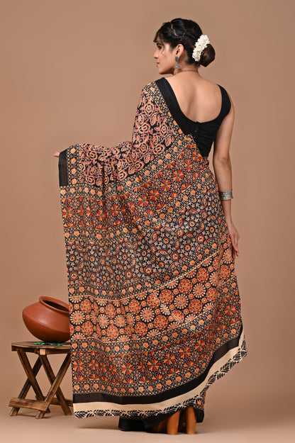 Jaipuri Printed Pure Cotton Mulmul Saree With Blouse