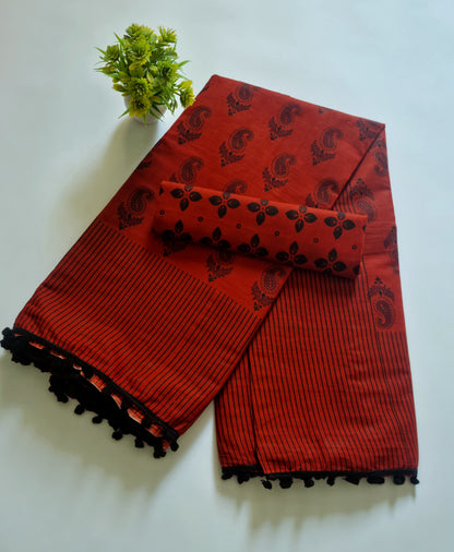 Printed Pure Cotton Mulmul Saree With PomPom Lace