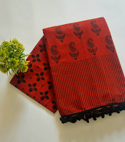 Printed Pure Cotton Mulmul Saree With PomPom Lace