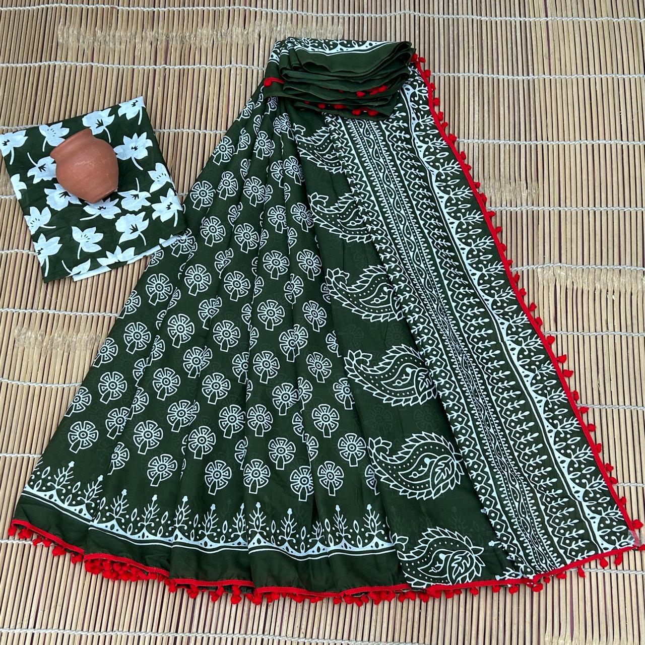 Printed Pure Cotton Mulmul Saree PomPom Lace