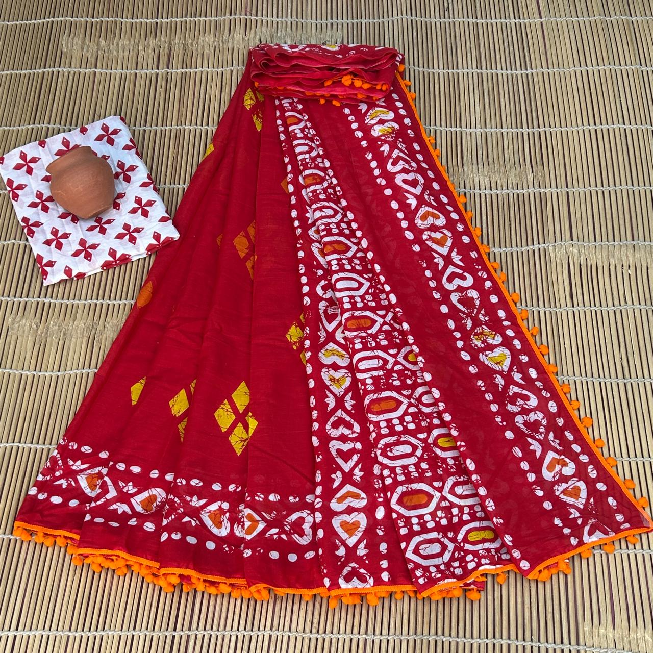 Printed Pure Cotton Mulmul Saree PomPom Lace