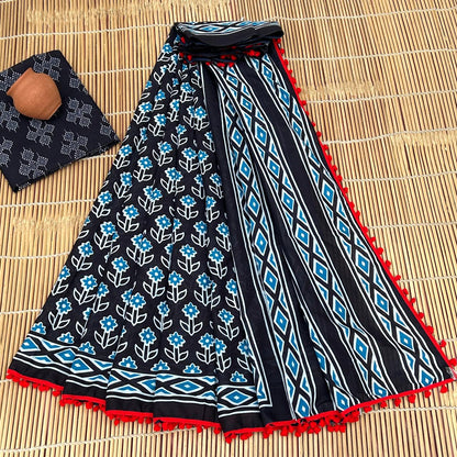 Printed Pure Cotton Mulmul Saree PomPom Lace