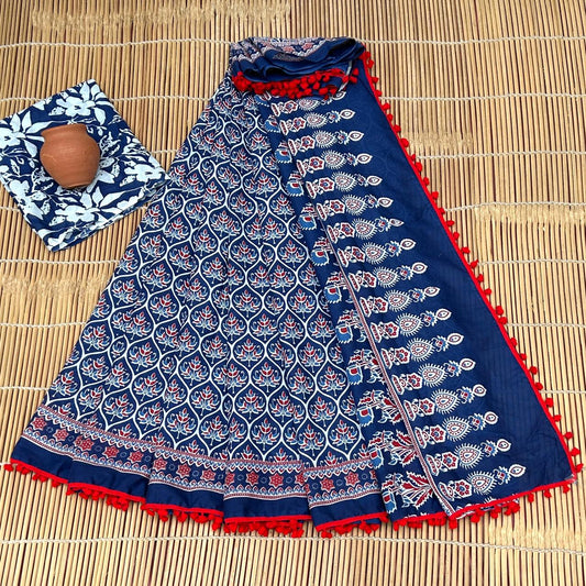 Printed Pure Cotton Mulmul Saree PomPom Lace