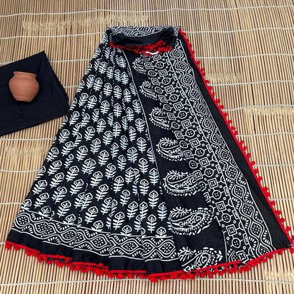 Printed Pure Cotton Mulmul Saree PomPom Lace