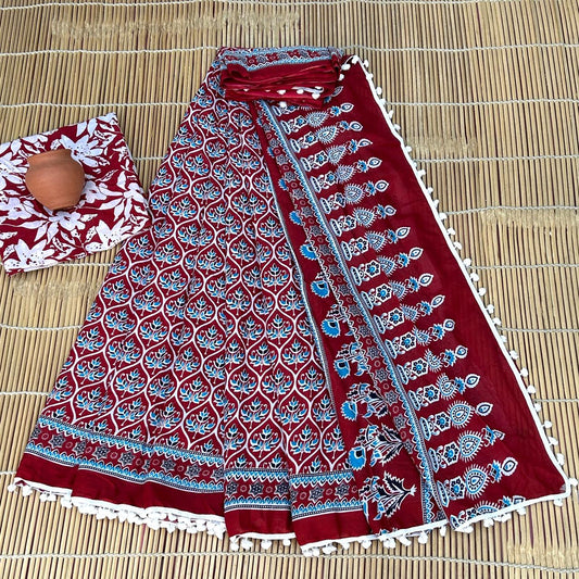 Printed Pure Cotton Mulmul Saree PomPom Lace