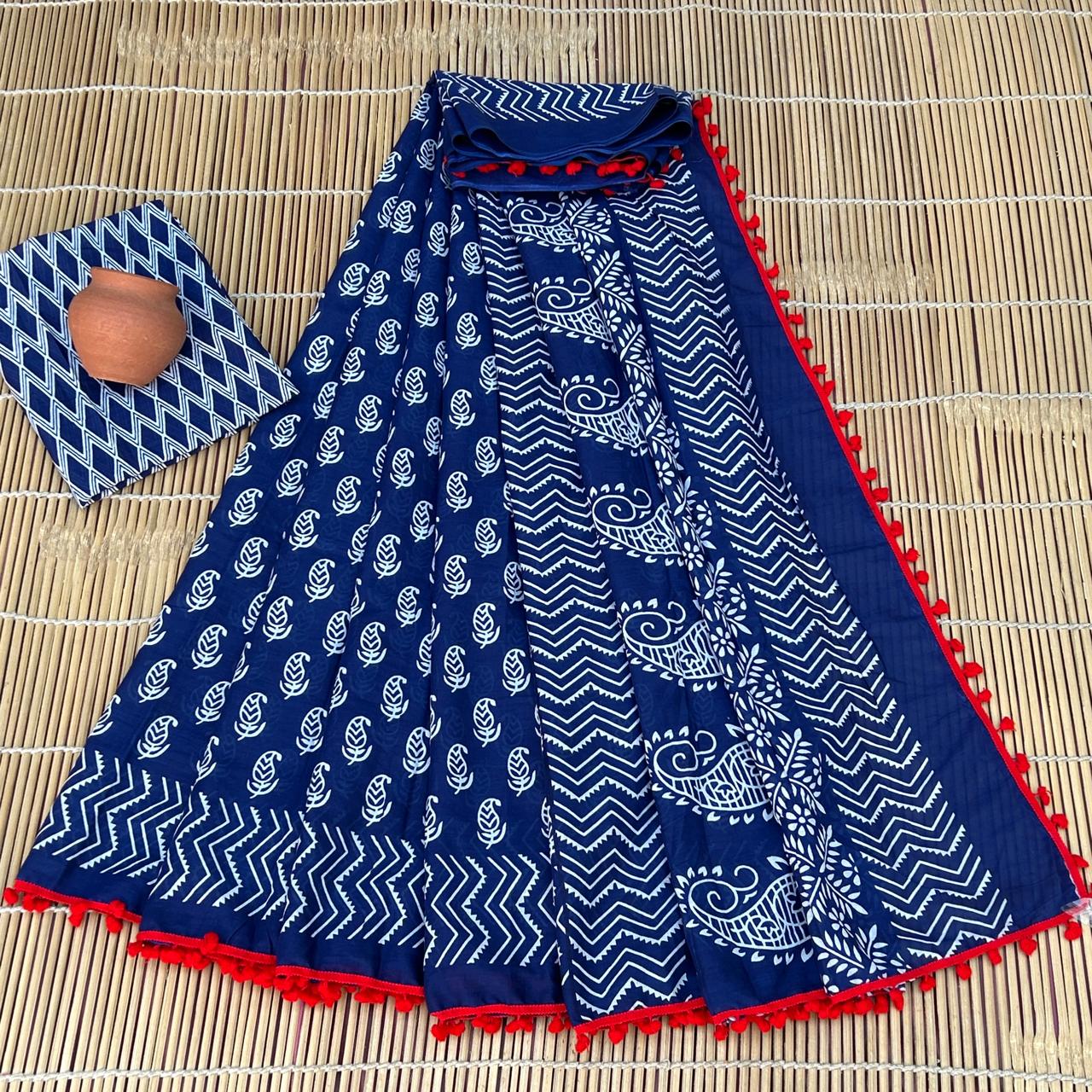 Printed Pure Cotton Mulmul Saree PomPom Lace