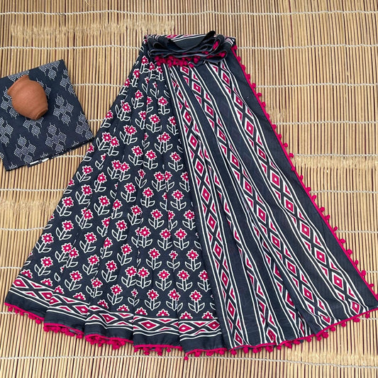 Printed Pure Cotton Mulmul Saree PomPom Lace