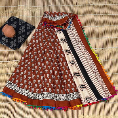 Printed Pure Cotton Mulmul Saree PomPom Lace