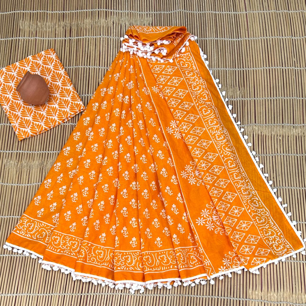 Printed Pure Cotton Mulmul Saree PomPom Lace