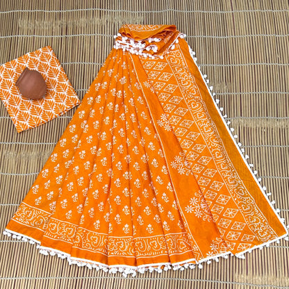 Printed Pure Cotton Mulmul Saree PomPom Lace