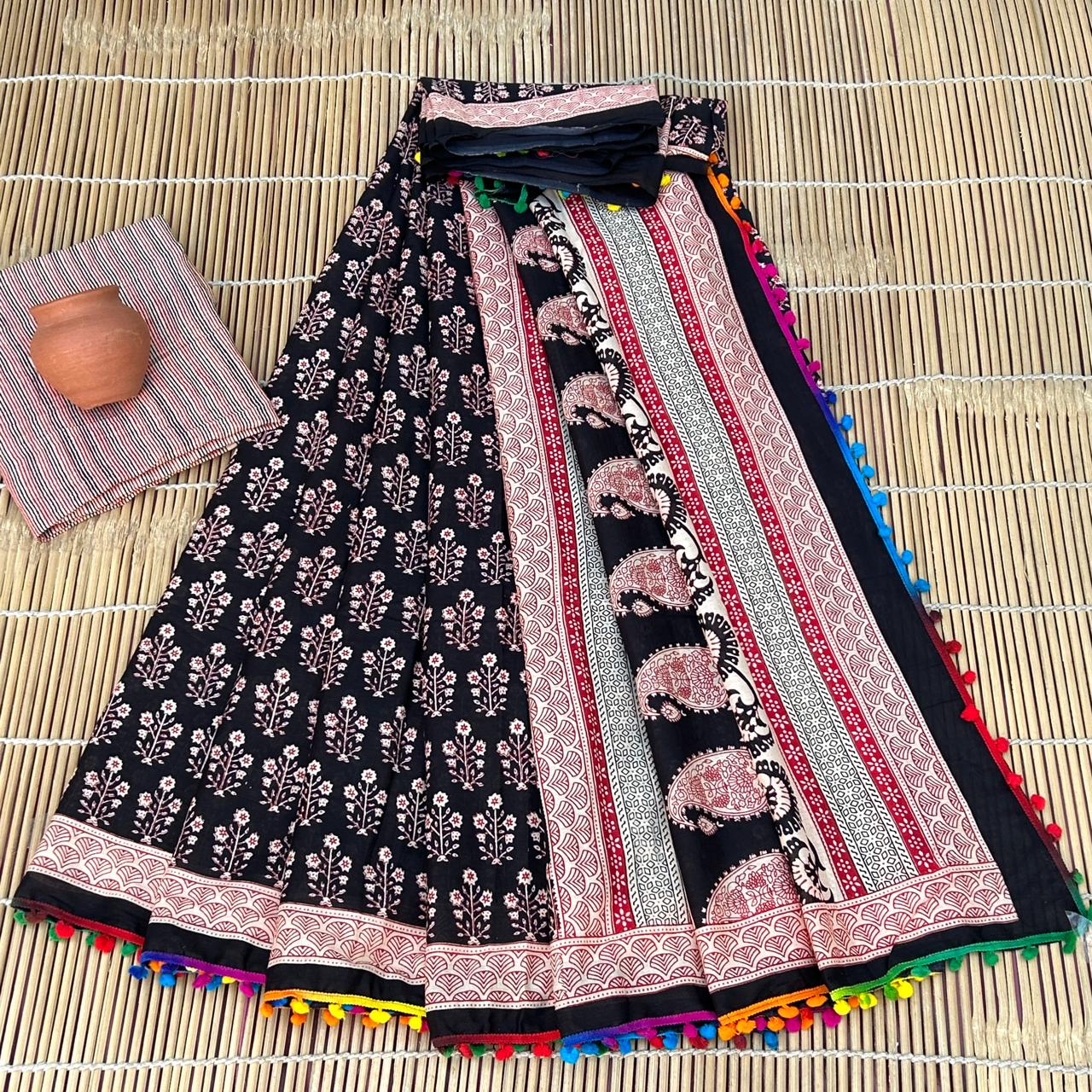 Printed Pure Cotton Mulmul Saree PomPom Lace