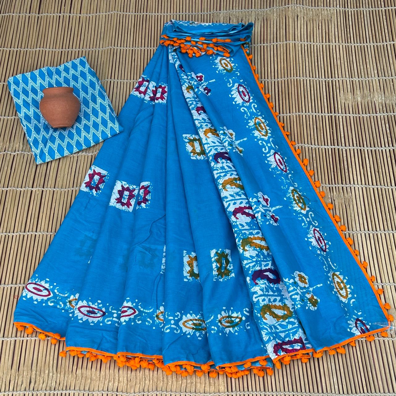 Printed Pure Cotton Mulmul Saree PomPom Lace