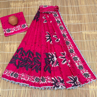 Printed Pure Cotton Mulmul Saree PomPom Lace