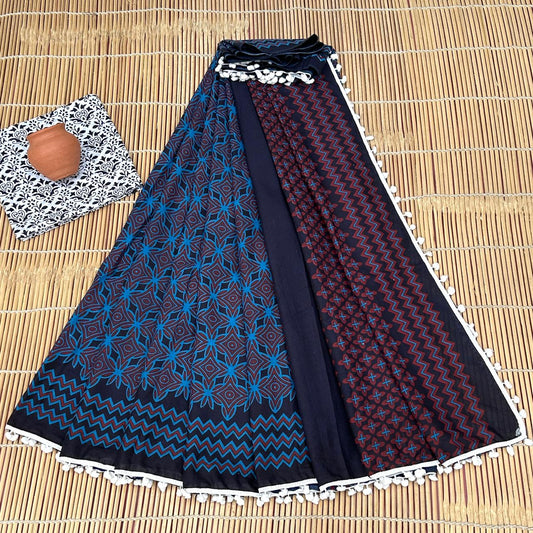 Printed Pure Cotton Mulmul Saree PomPom Lace