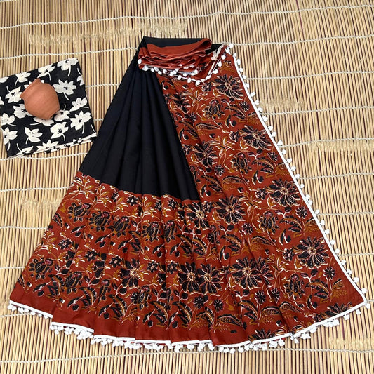 Printed Pure Cotton Mulmul Saree PomPom Lace