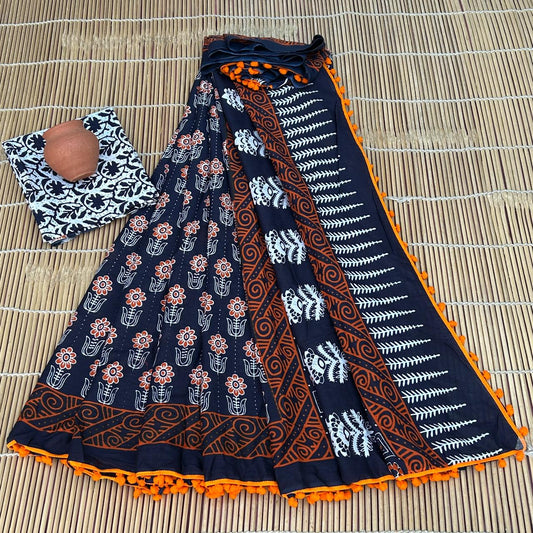 Printed Pure Cotton Mulmul Saree PomPom Lace