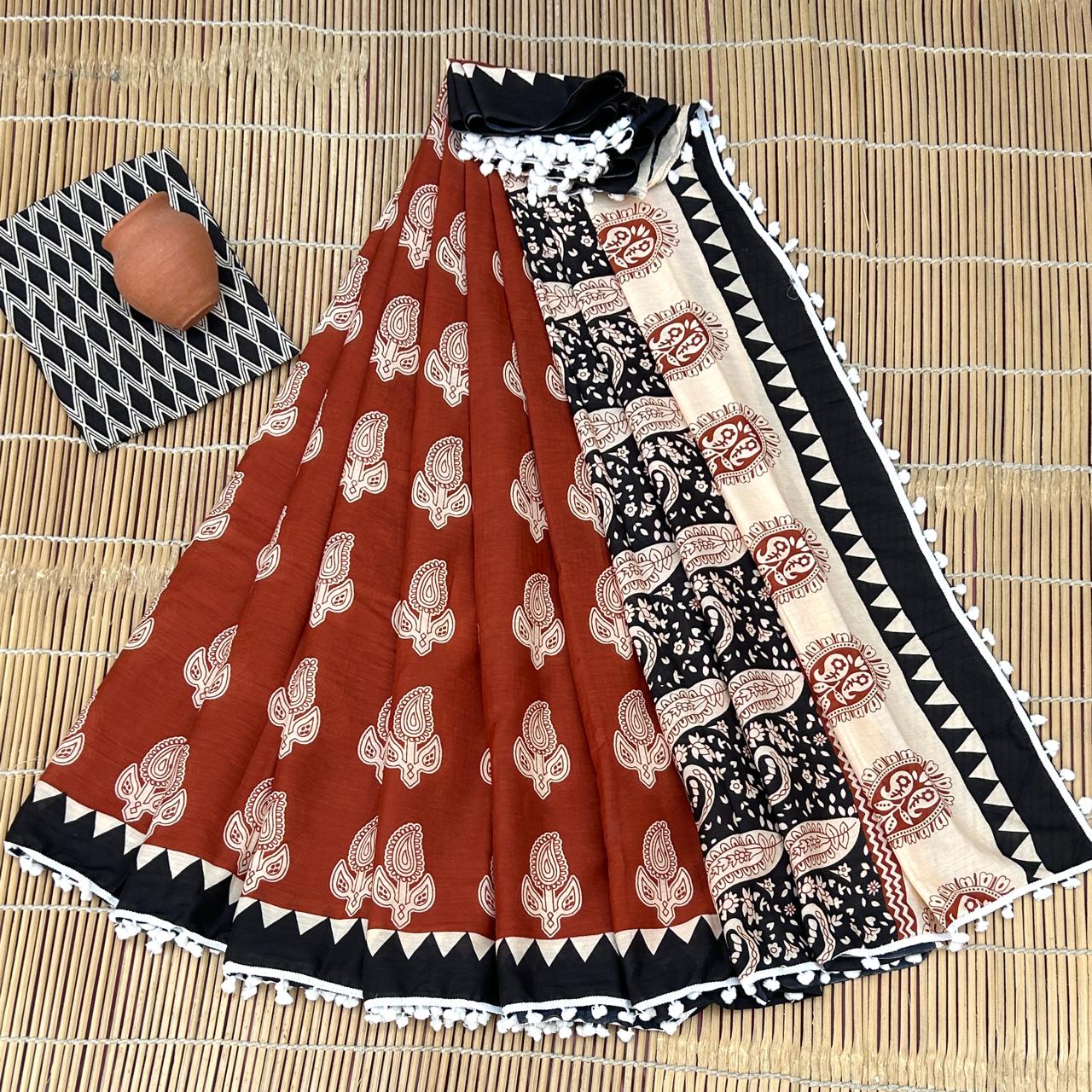 Printed Pure Cotton Mulmul Saree PomPom Lace