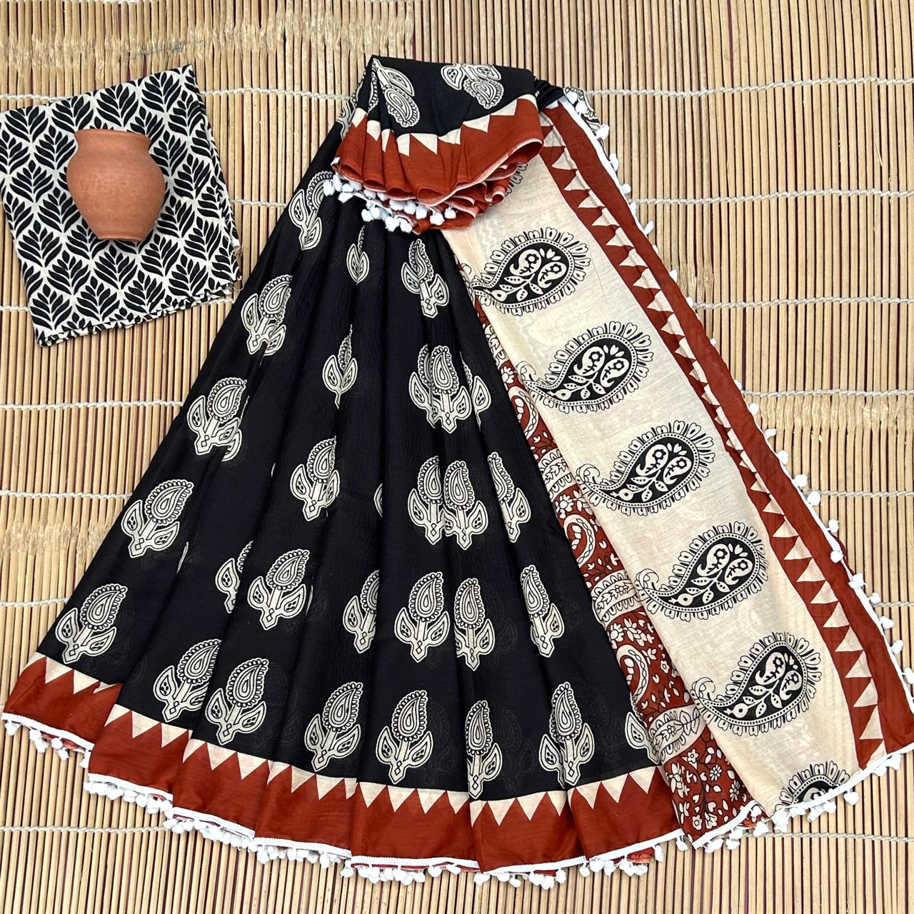 Printed Pure Cotton Mulmul Saree PomPom Lace