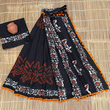 Printed Pure Cotton Mulmul Saree PomPom Lace