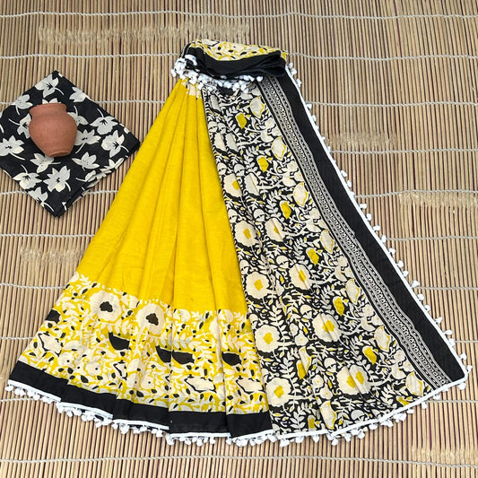 Printed Pure Cotton Mulmul Saree PomPom Lace