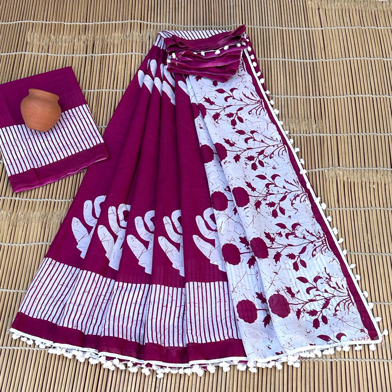 Printed Pure Cotton Mulmul Saree PomPom Lace