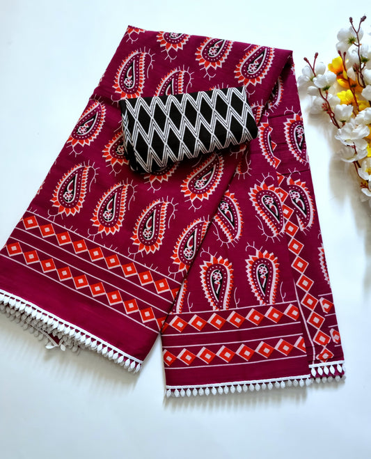 Exclusive Printed Pure Cotton Mulmul Saree with Leaf Lace