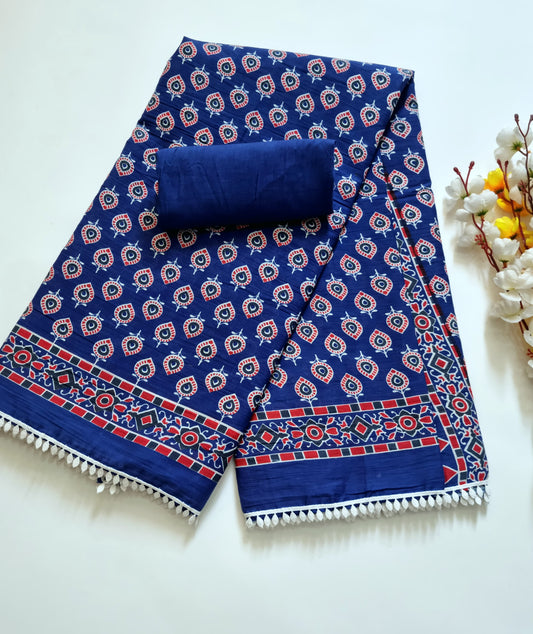 Exclusive Printed Pure Cotton Mulmul Saree with Leaf Lace
