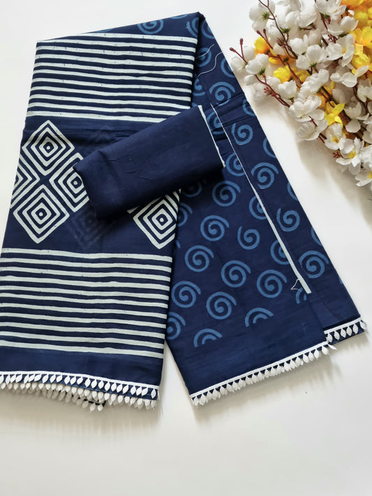 Exclusive Printed Pure Cotton Mulmul Saree with Leaf Lace