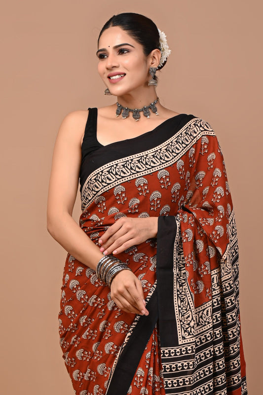 Rajasthan Fabric Printed Pure Cotton Mulmul Saree With Blouse