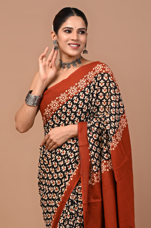 Rajasthan Fabric Printed Pure Cotton Mulmul Saree With Blouse