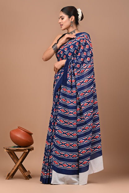 Rajasthan Fabric Printed Pure Cotton Mulmul Saree With Blouse