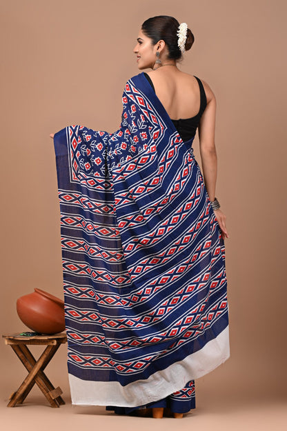 Rajasthan Fabric Printed Pure Cotton Mulmul Saree With Blouse