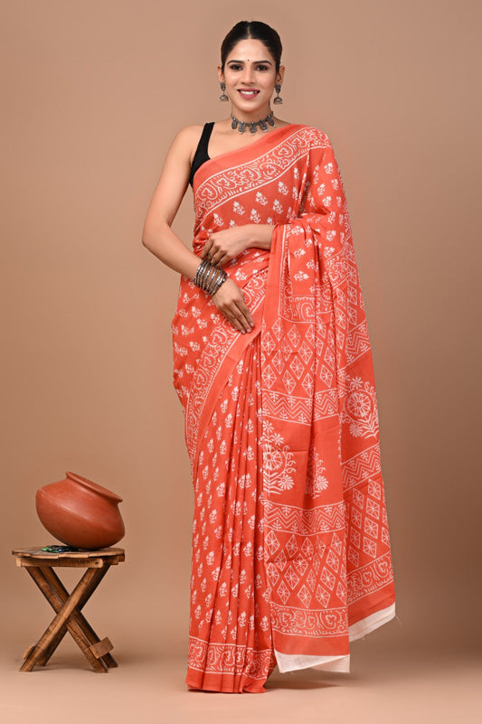 Rajasthan Fabric Printed Pure Cotton Mulmul Saree With Blouse