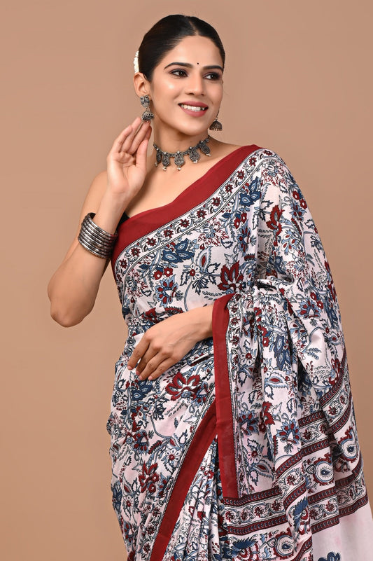 Rajasthan Fabric Printed Pure Cotton Mulmul Saree With Blouse