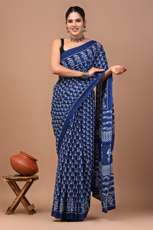 Rajasthan Fabric Printed Pure Cotton Mulmul Saree With Blouse
